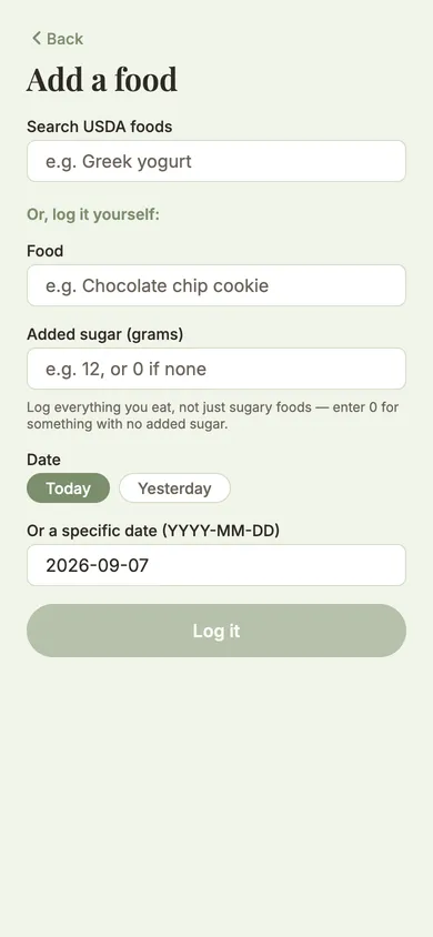The Add a Food screen: search USDA foods, or log one yourself with its added sugar in grams