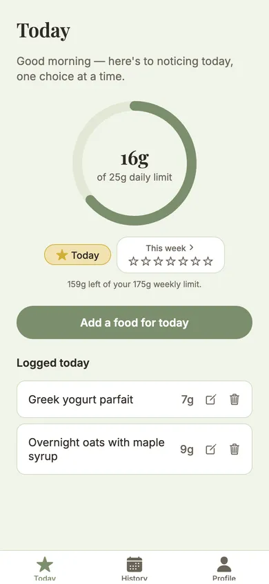 The Today screen: a progress ring showing 16g of a 25g daily limit, a gold star earned for the day, and the foods logged so far
